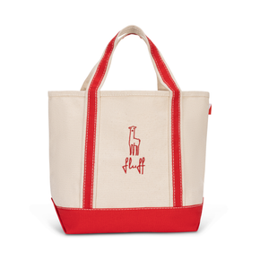 Off white tote bag with red accents and 'fluff' logo on a white background