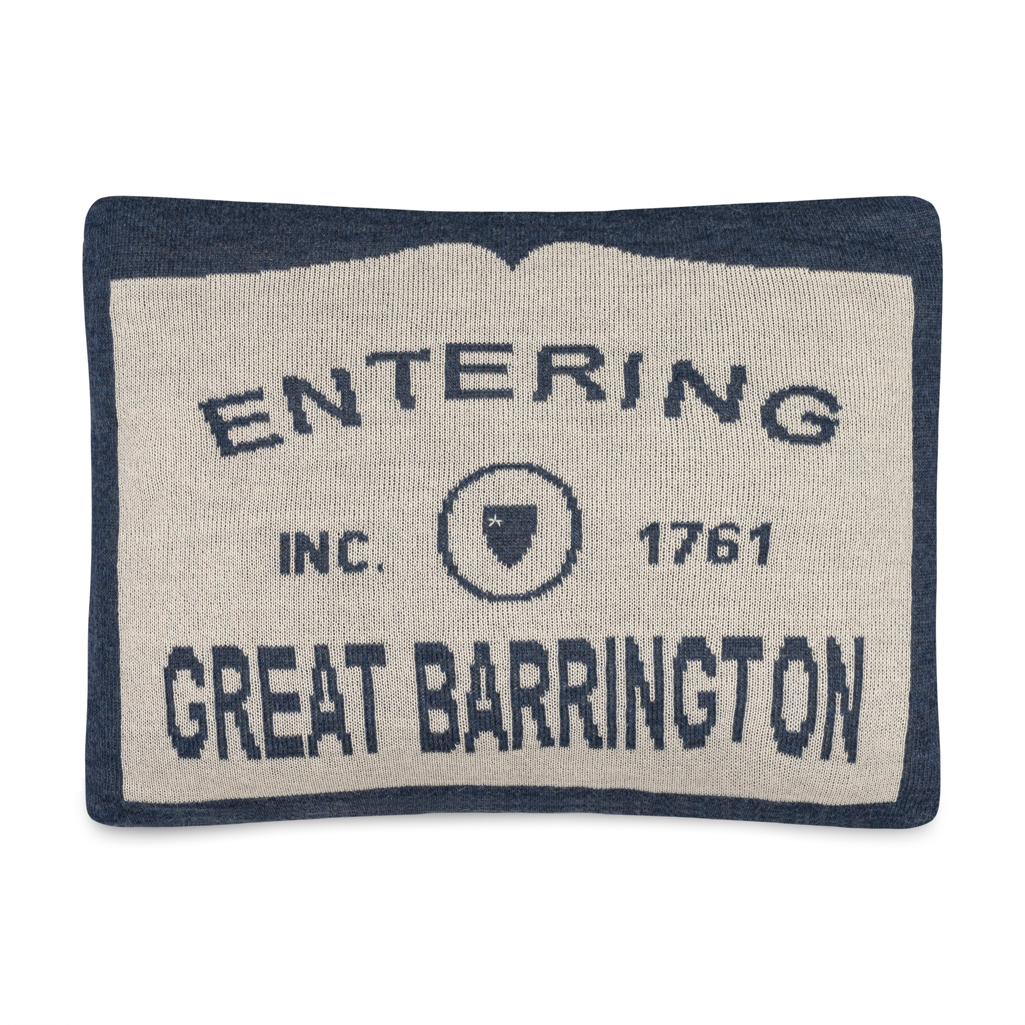 Decorative pillow with 'Entering Great Barrington' text on a white background