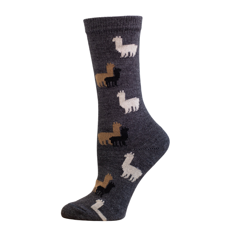 Gray sock with llama pattern on a white background