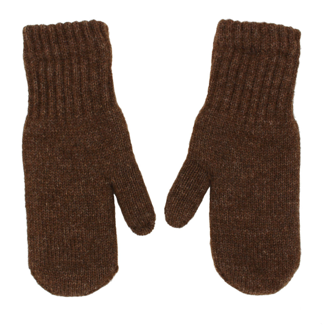 Pair of brown knitted mittens on a white background