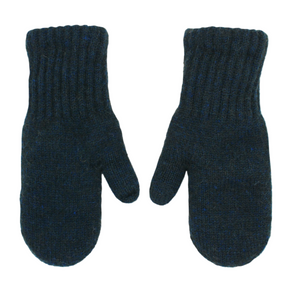 Pair of dark blue knitted mittens on a white background