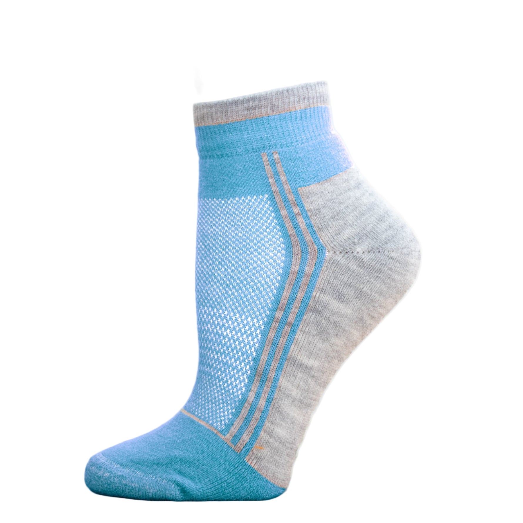 Alpaca Running  and Athletic Ankle Socks. A pair of light blue alpaca ankle running socks in front of a white background. 