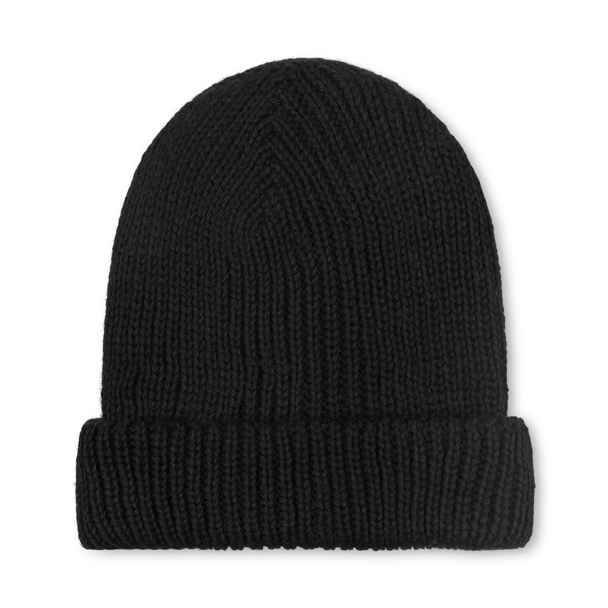 Black knit beanie on a white background