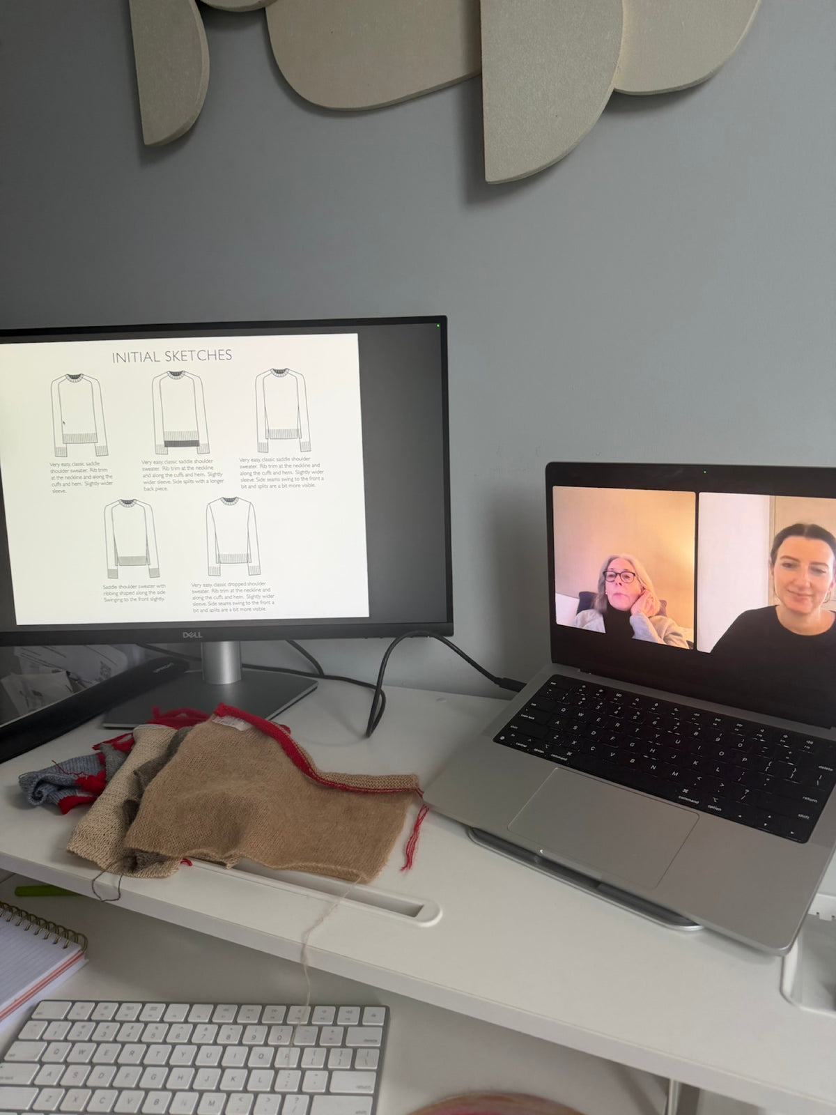 Sweater sketches, knit samples, and a remote design meeting
