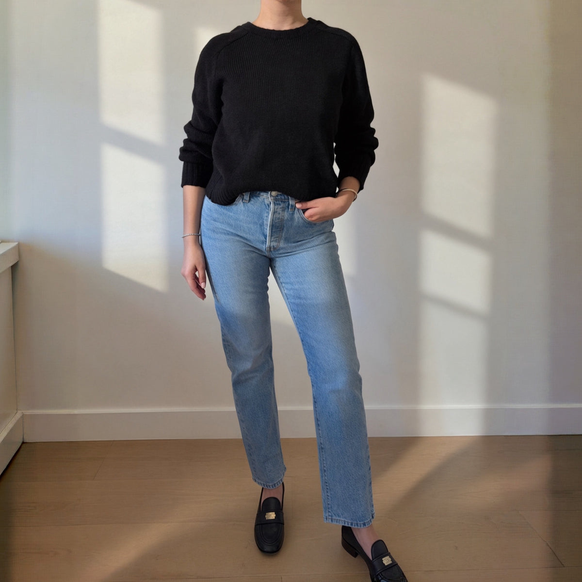Lenox Crewneck styled with denim and loafers