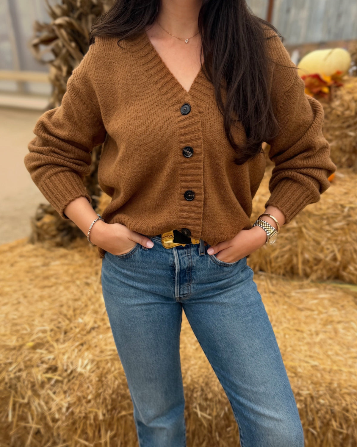 Olivia Cardigan styled at a pumpkin patch
