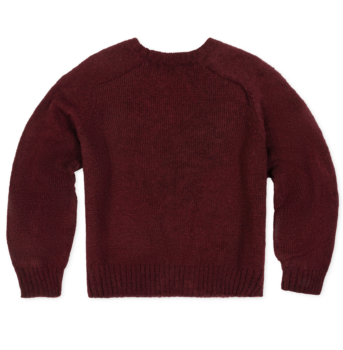 A dark burgundy knit sweater shown from the back, laid flat against a solid white background.