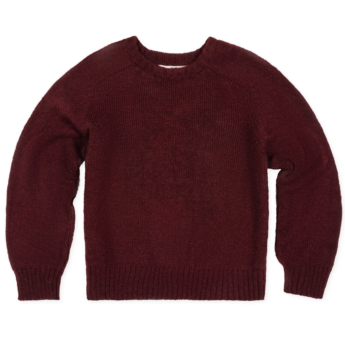 A dark burgundy knit crewneck sweater with long sleeves, laid flat against a solid white background.