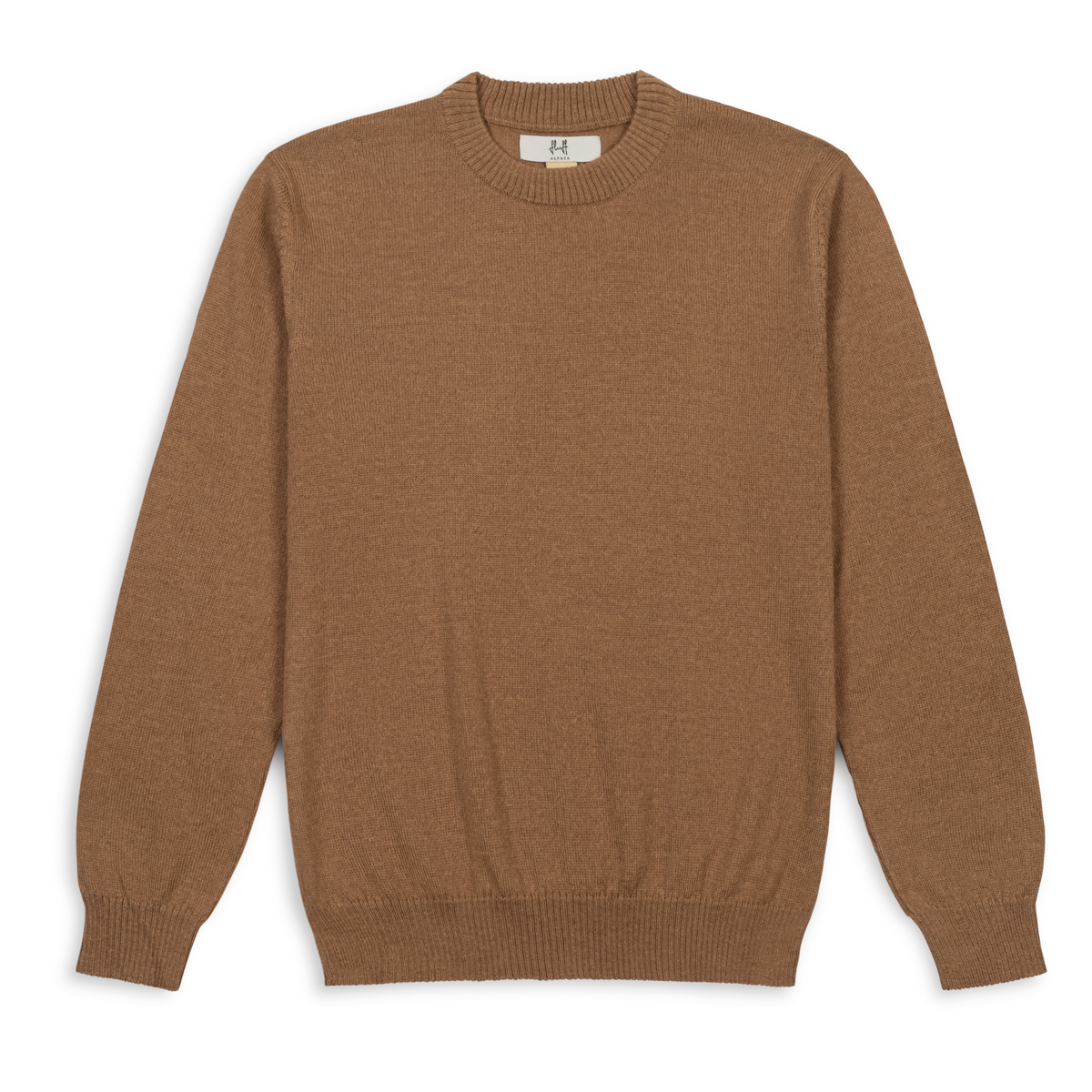 A classic crewneck knit sweater in a warm camel brown color, laid flat against a clean white background.
