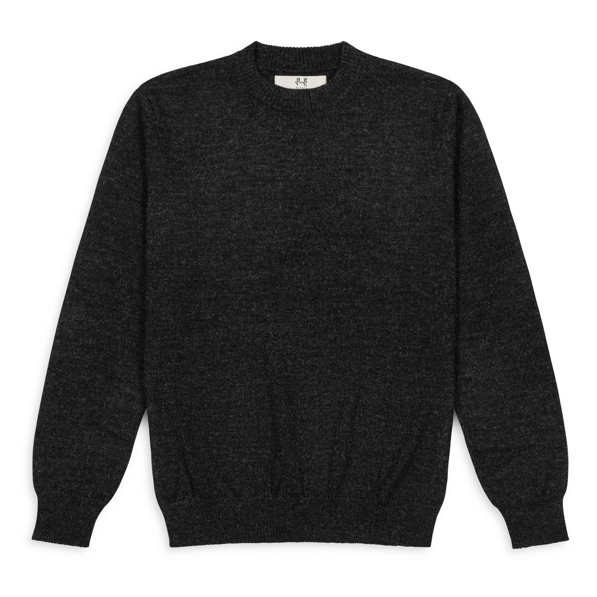 A dark charcoal gray knit crewneck sweater with long sleeves, laid flat against a solid white background.