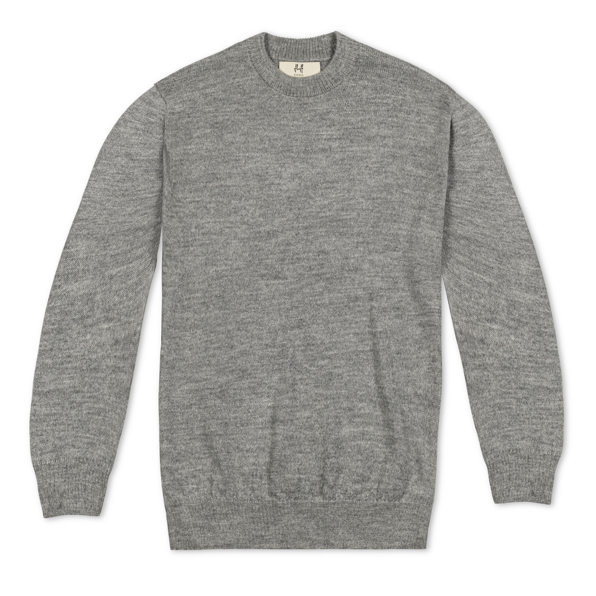 A classic crewneck knit sweater in heather gray, laid flat against a clean white background.