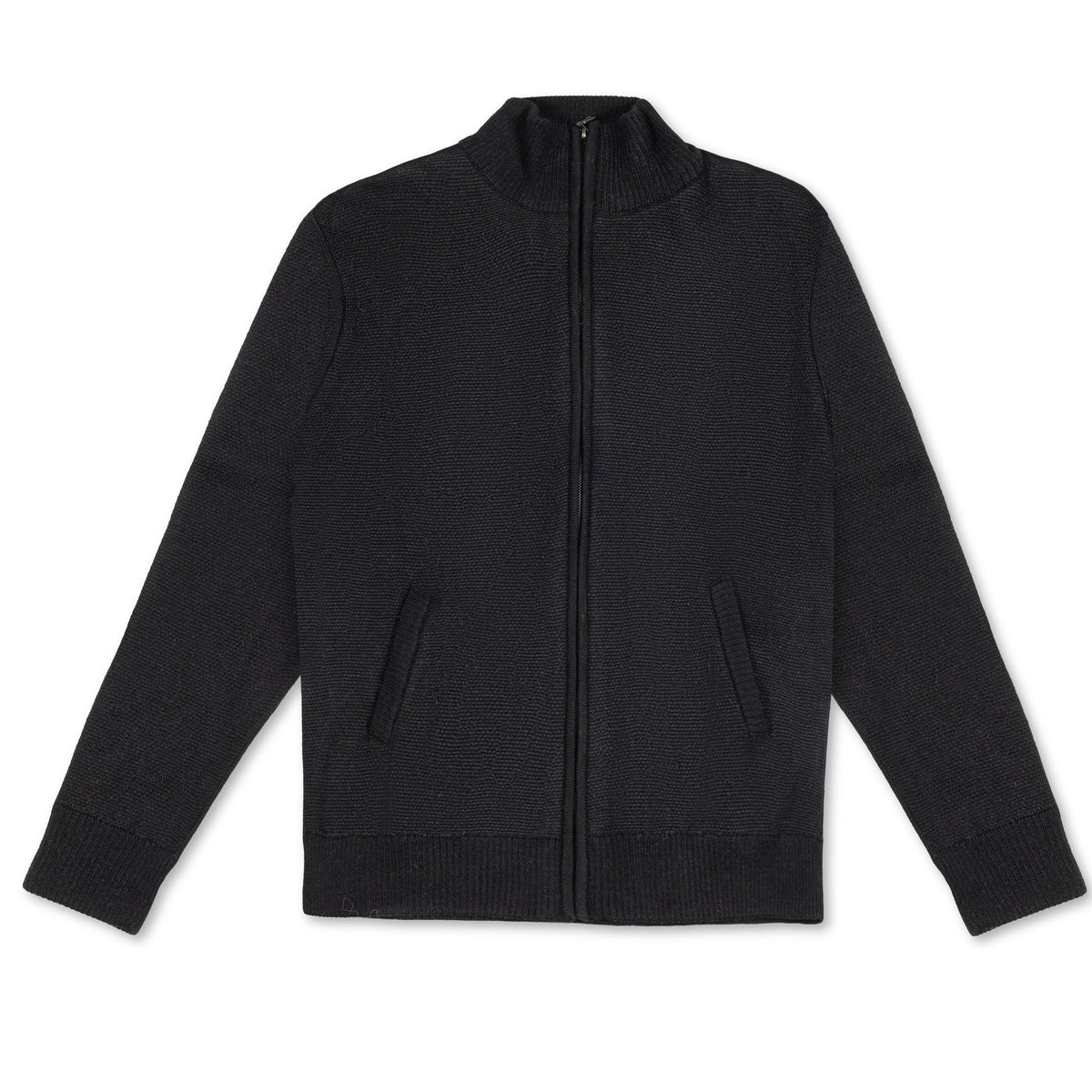 Men's Heavyweight Full-Zip 100% Baby Alpaca Wool Jacket. a black zippered baby alpaca jacket lies face up on a white background. 