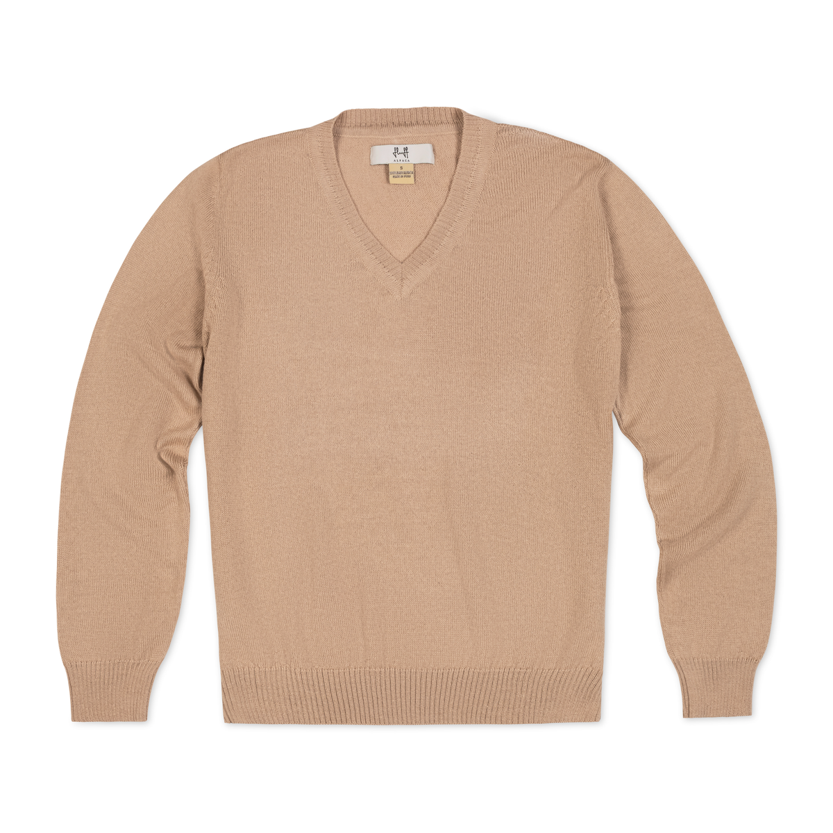 A beige long-sleeve V-neck knit sweater laid flat against a white background.