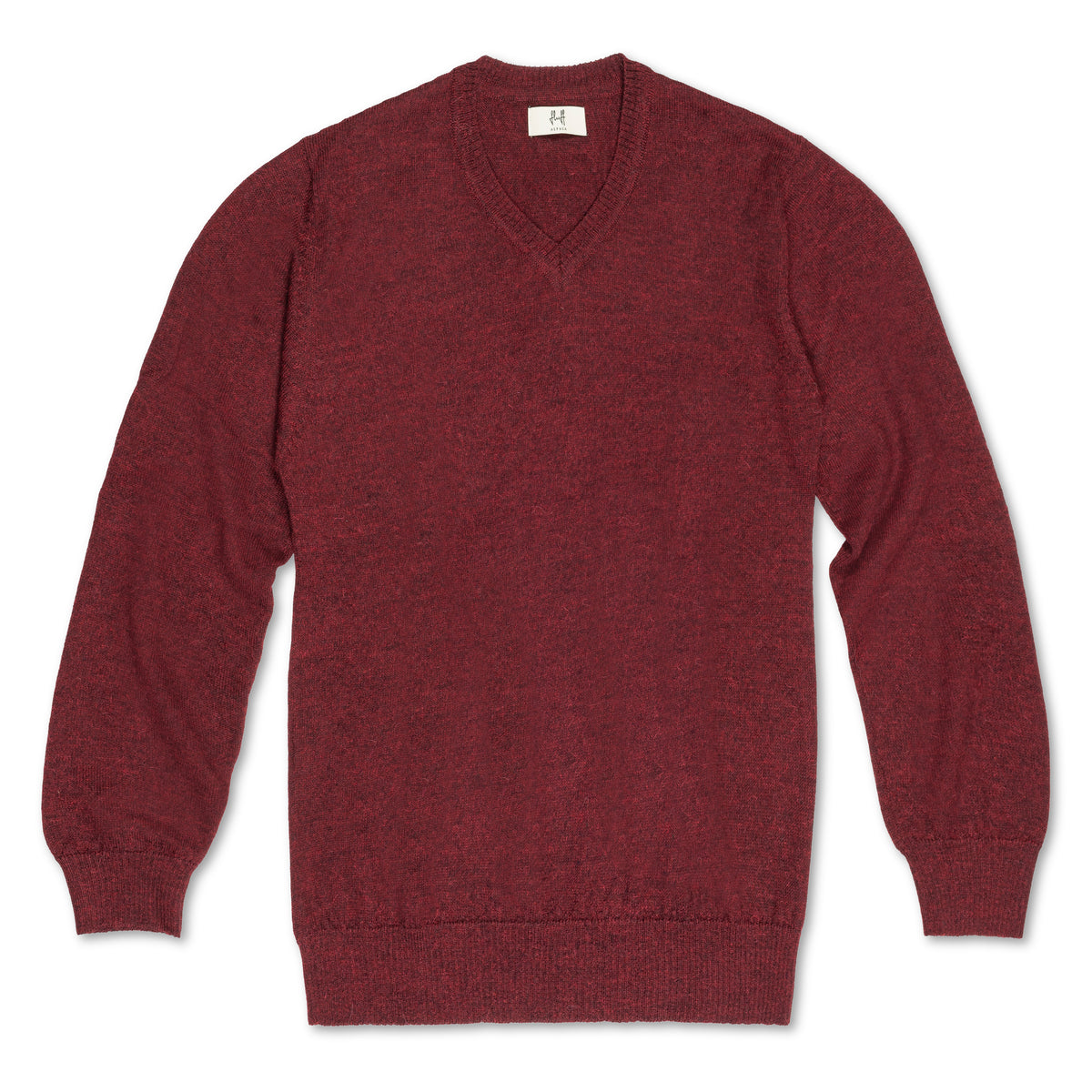 A long-sleeve V-neck knit sweater in heathered burgundy red, shown flat against a plain white background.