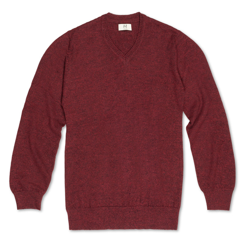 A long-sleeve V-neck knit sweater in heathered burgundy red, shown flat against a plain white background.