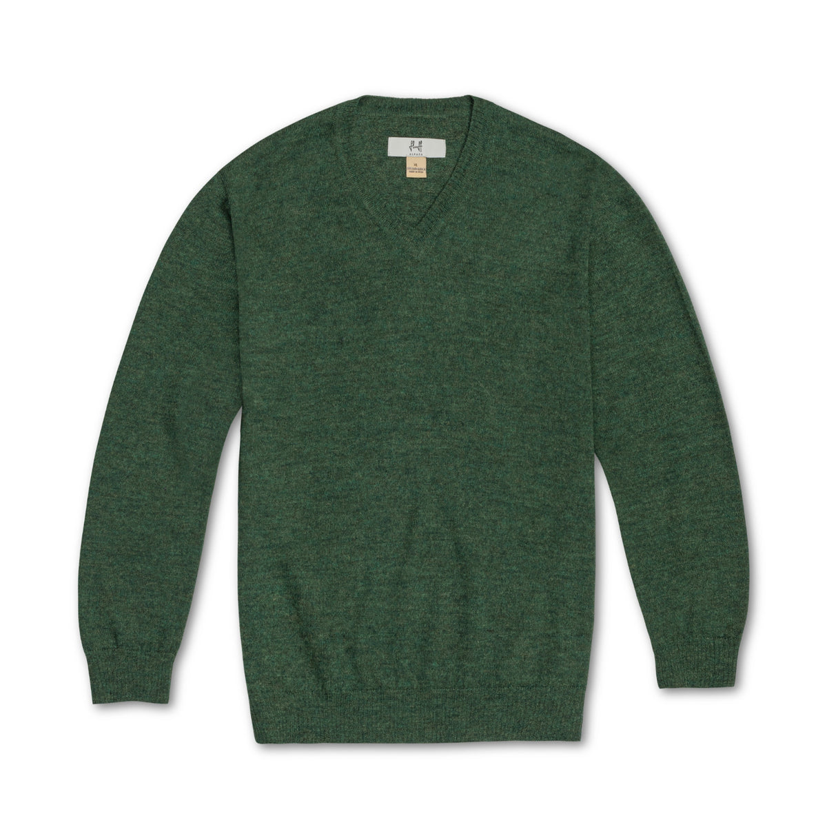A dark green heathered v-neck knit sweater with long sleeves, laid flat against a white background.