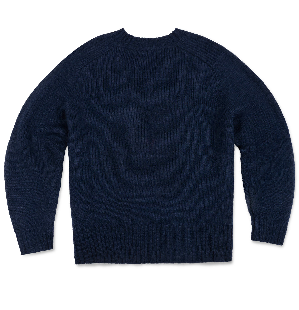 A dark navy blue knit sweater shown from the back, laid flat against a clean white background.