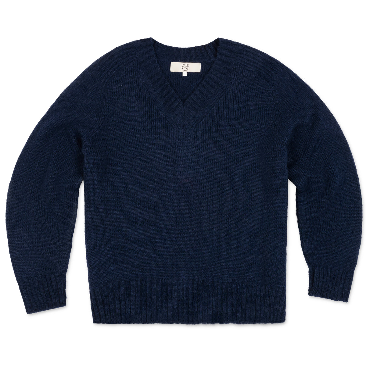 A dark navy blue knit sweater with a V-neck and ribbed cuffs and hem, laid flat against a white background.