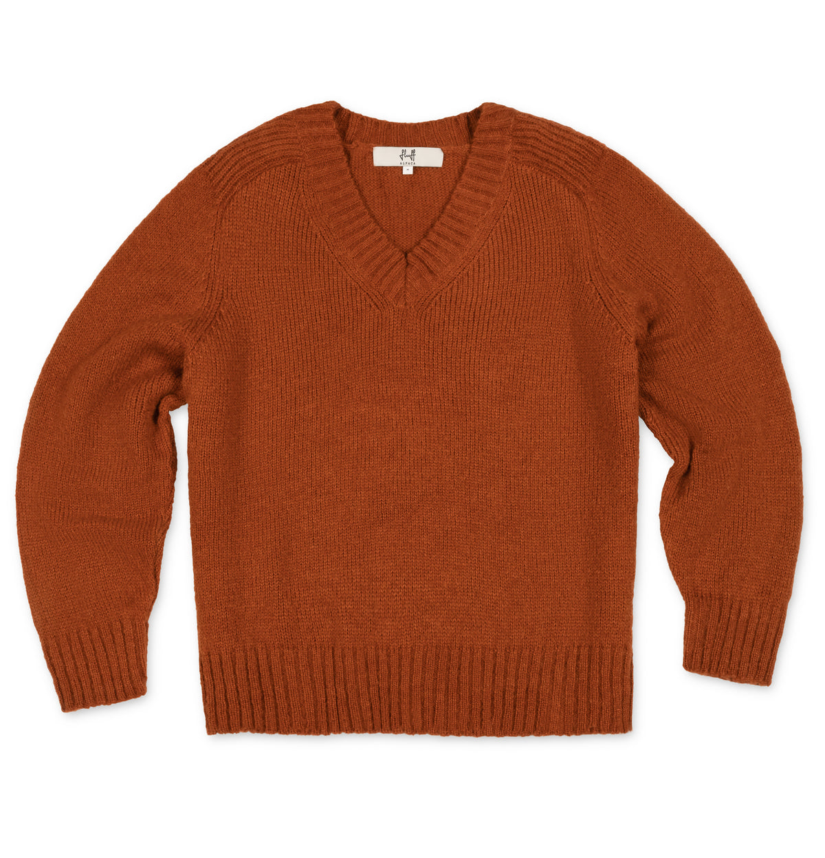 A rust-orange ribbed knit V-neck sweater with long sleeves, laid flat on a white background.