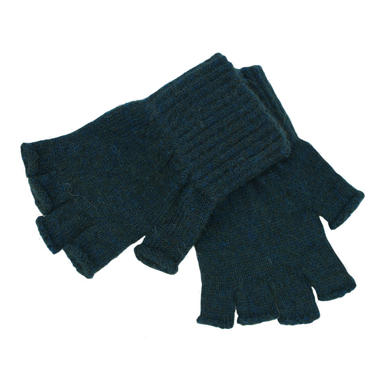 Pair of dark blue fingerless gloves on a white background