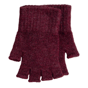 Pair of maroon fingerless gloves on a white background