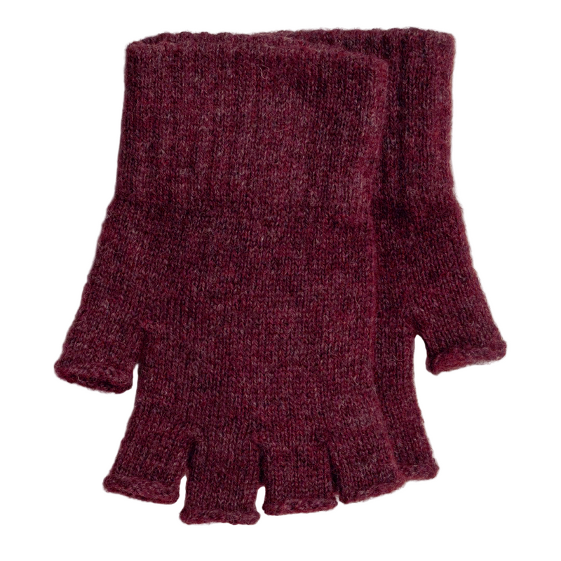 Pair of maroon fingerless gloves on a white background
