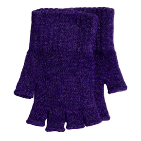 Purple knitted fingerless gloves on a white wooden surface