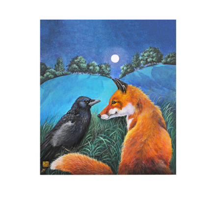 fox and crow in a field at night