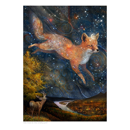 fox and stars, night sky, deer