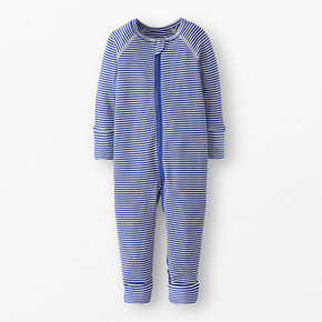 Blue and white striped zip baby onesie on a neutral background.
