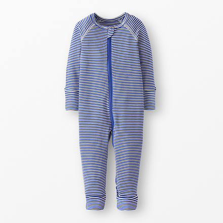 Blue and white striped zip baby onesie on a neutral background.