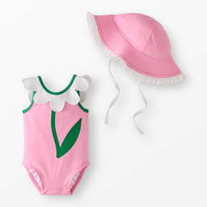Baby swimsuit with daisy collar and matching pink hat.