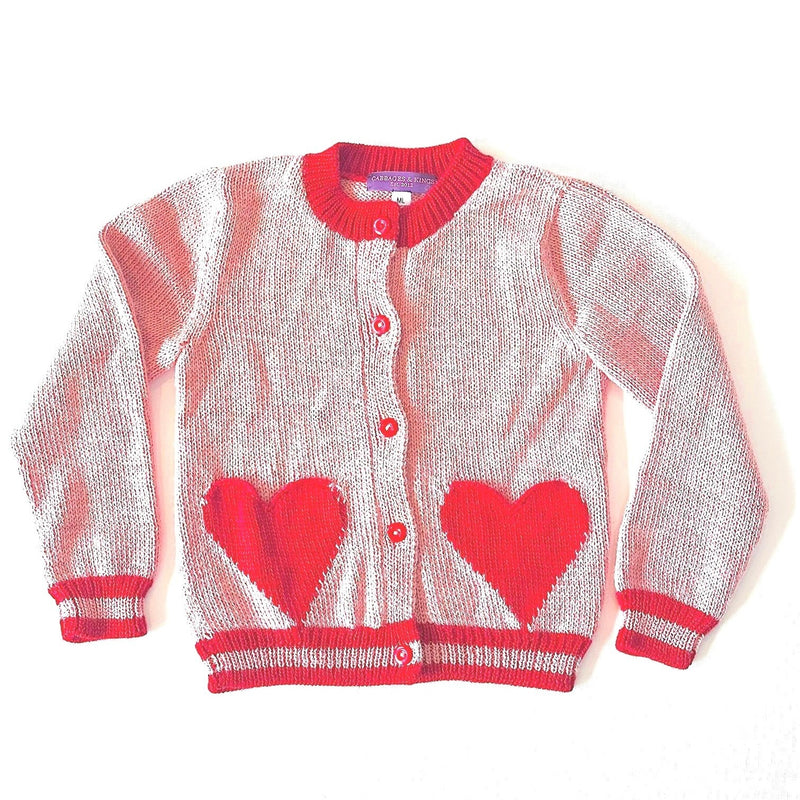 Cabbages and Kings Nuevo Heart Cardigan - pink cardigan with red heart pockets and red stripes on a neutral background
