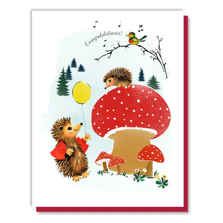 'Hedgehogs' Congratulations Card - hedgehogs, mushrooms, and a bird on a forest background