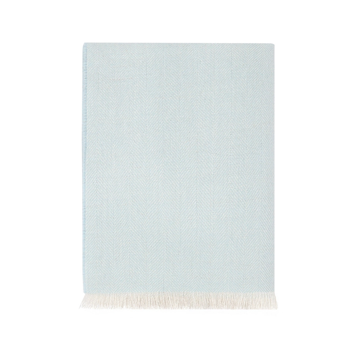 Light blue baby blanket with white fringe on a white background