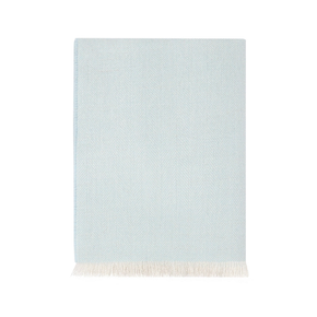 Light blue baby blanket with white fringe on a white background