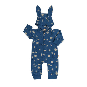 Red Caribou Hooded Terry Jumpsuit - dark blue jumpsuit with rabbit ears on hood, bunny print, and wooden button closures on a neutral background