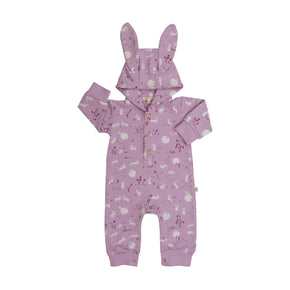 Red Caribou Hooded Terry Jumpsuit - lavender jumpsuit with rabbit ears on hood, bunny print, and wooden button closures on a neutral background