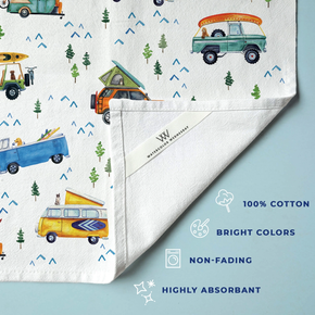 Tea towel with camping truck pattern on a light blue background