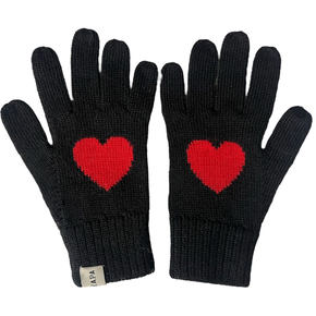 Black gloves with red heart designs on a white background