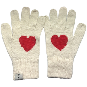 Pair of cream gloves with red heart designs on a white background