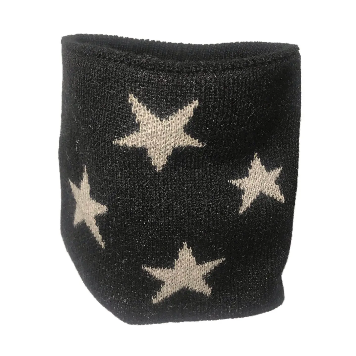 Black neck warmer with grey star patterns on a white background