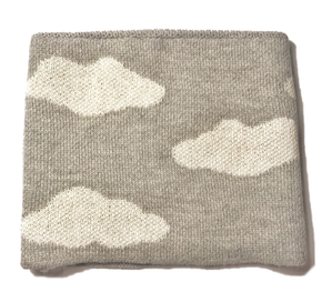 Gray knit neck warmer with cloud pattern on a white background