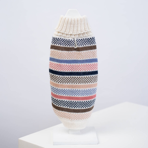 Knitted dog sweater with striped multicolor pattern on a white background