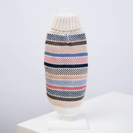 Knitted dog sweater with striped multicolor pattern on a white background