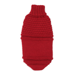 A red alpaca pet sweater with a textured pattern.
