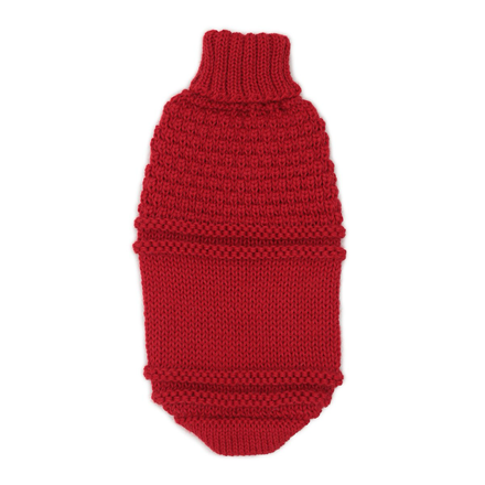 A red alpaca pet sweater with a textured pattern.