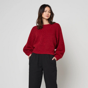 Woman wearing a red sweater and black pants on a white background