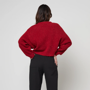 Person wearing a red sweater and black pants on a white background