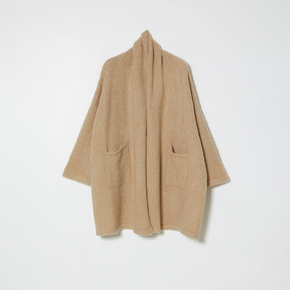 Tan knit wrap coat on white background